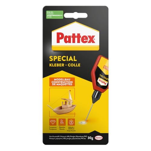 Pegamento especial para modelismo Pattex, pegamento de alta resistencia para plástico y madera, se seca sin dejar rastros, frasco con 30 g y aguja microdosificadora