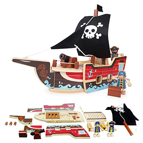 NUKied Barco Pirata de Juguete,Juego de construcción de 31 Piezas,Maqueta de Barco para niños,Juguete Creativo de construcción de Madera para niños Que disfrutan de Las Aventuras,para 3 años