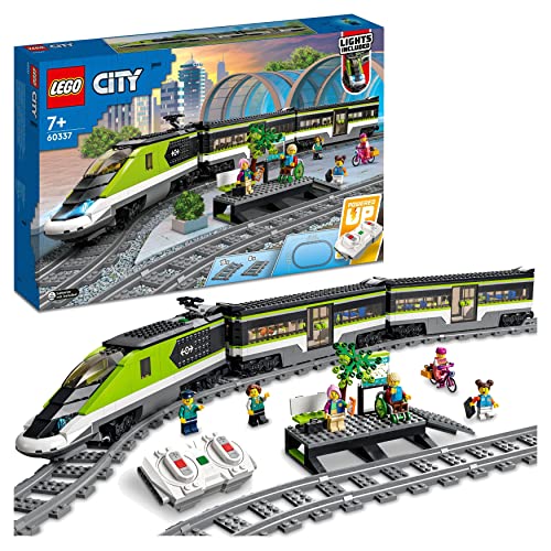 LEGO 60337 City Tren Pasajeros Alta Velocidad, Juguete Construcción Teledirigido, con Faros Que Funcionan, 2 Vagones y 24 Vías, Regalos Niños y Niñas a Partir 7 Años