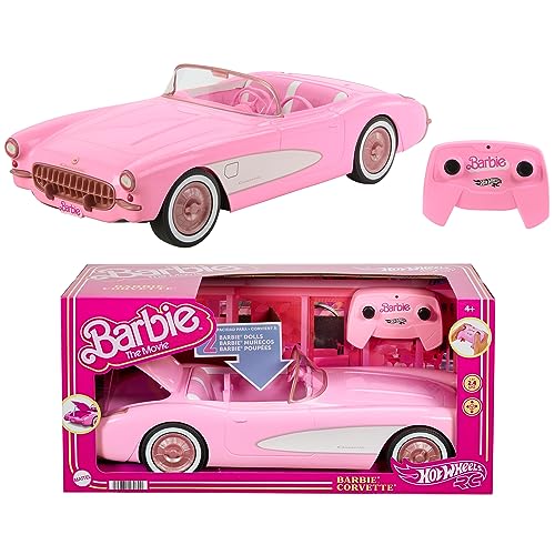 Barbie Hot Wheels Corvette, Coche de juguete teledirigido con pilas de la película Barbie, capacidad para dos muñecas Barbie y el maletero se abre, +4 años (Mattel HPW40)