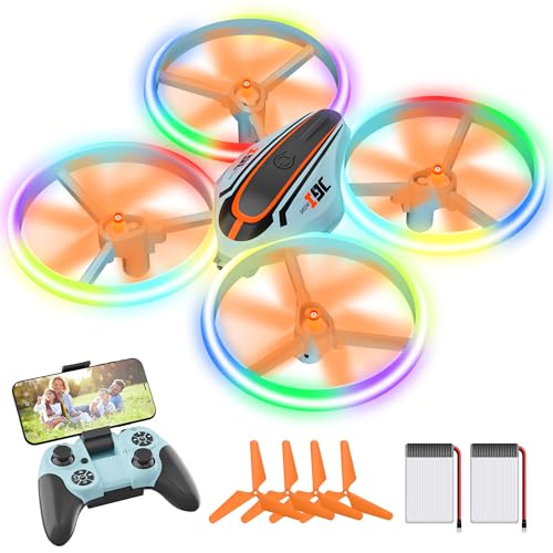 Drone con Cámara para Niños, Mini Dron con Luces de Colores, Regalos y Juguetes Helicóptero RC Quadcopter para Principiantes con Control de Gestos, Retención de Altitud, Modo sin Cabeza, 2 Baterías
